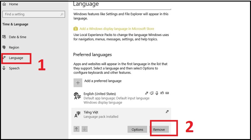 Chọn Language > Bấm vào Tiếng Việt > Chọn Remove.